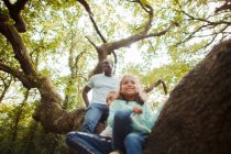 Happy father and daughters climbing tree — Stock Photo