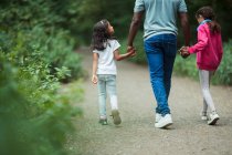 Отец и дочери держатся за руки, идя по тропинке в парке — стоковое фото
