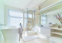 Солнечный яркий белый витрина интерьер ванной комнаты — стоковое фото