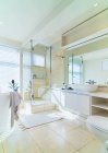 Sonniges weißes modernes Zuhause Vitrine Interieur Badezimmer — Stockfoto