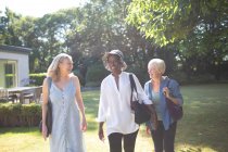 Glückliche Seniorinnen spazieren im sonnigen Sommergarten — Stockfoto
