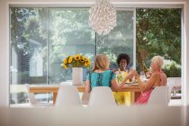 Happy senior women friends enjoying luncheon with wine at dining table — Stock Photo