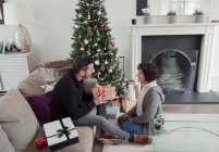 Mann verschenkt Weihnachtsgeschenk an Ehefrau per Baum im Wohnzimmer — Stockfoto