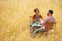 Couple parler et manger des baies à table dans l'herbe haute ensoleillée — Photo de stock