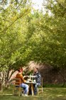 Пара насолоджується тортами на сонячному ідилічному літньому садовому столі — стокове фото