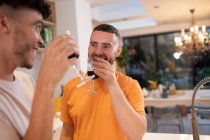 Feliz gay masculino casal beber tinto vinho no cozinha — Fotografia de Stock