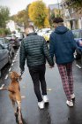 Gay male couple holding hands walking dog on wet street — Stock Photo