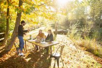 Ділові люди зустрічаються за столом у сонячному осінньому парку — стокове фото