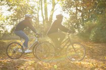 Пара велосипедных прогулок через осенние листья в солнечном парке — стоковое фото