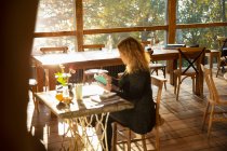 Donna d'affari che lavora al tavolo da caffè soleggiato — Foto stock