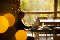 Businesswoman working in cafe with window view of autumn trees — Stock Photo