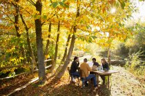 Ділові люди зустрічаються за столом в сонячно ідилічному осінньому парку — стокове фото