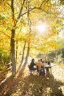 Les gens d'affaires travaillant à table dans le parc d'automne idyllique ensoleillé — Photo de stock