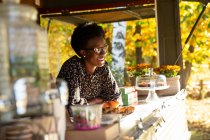 Felice donna proprietario di carretto di cibo nel parco soleggiato — Foto stock