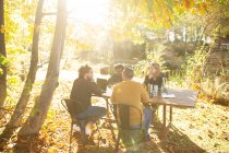 Empresários que trabalham à mesa no ensolarado parque de outono idílico — Fotografia de Stock