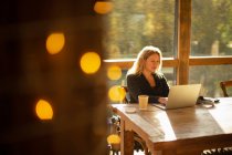 Бізнес-леді, що працює на ноутбуці в сонячному кафе — стокове фото