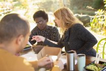 Ділові жінки обговорюють документи та обіди за столом у парку — стокове фото