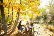 Negócios reunião à mesa no ensolarado parque de outono idílico — Fotografia de Stock