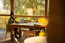 Businesswoman with coffee working at laptop in sunny autumn cafe — Stock Photo
