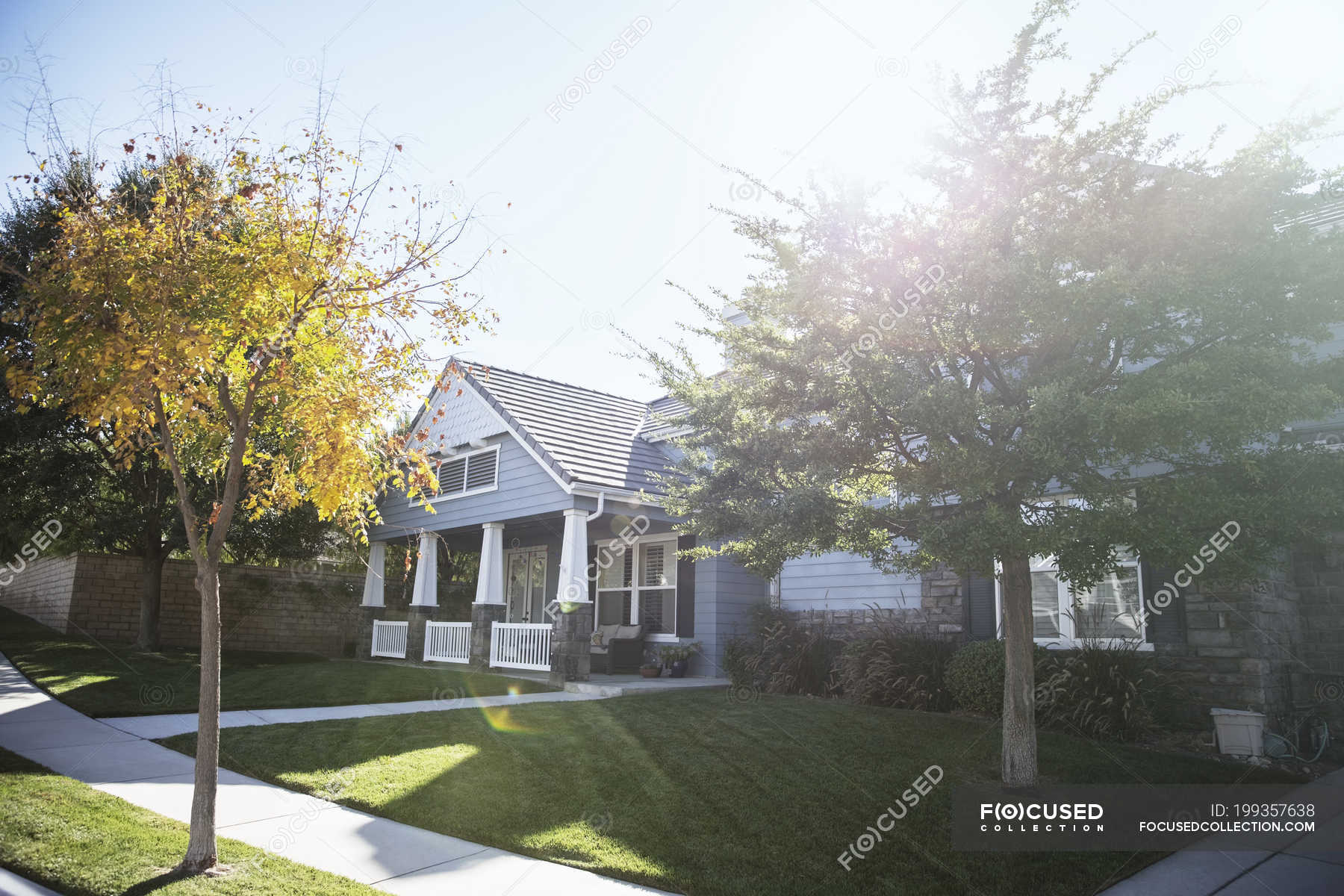 Sun shining over house and trees — buildings, plants Stock Photo