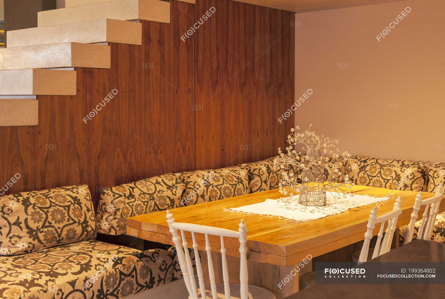 Sofa Surrounding Dining Room Table In Modern House Copy Space Home Stock Photo 199364802