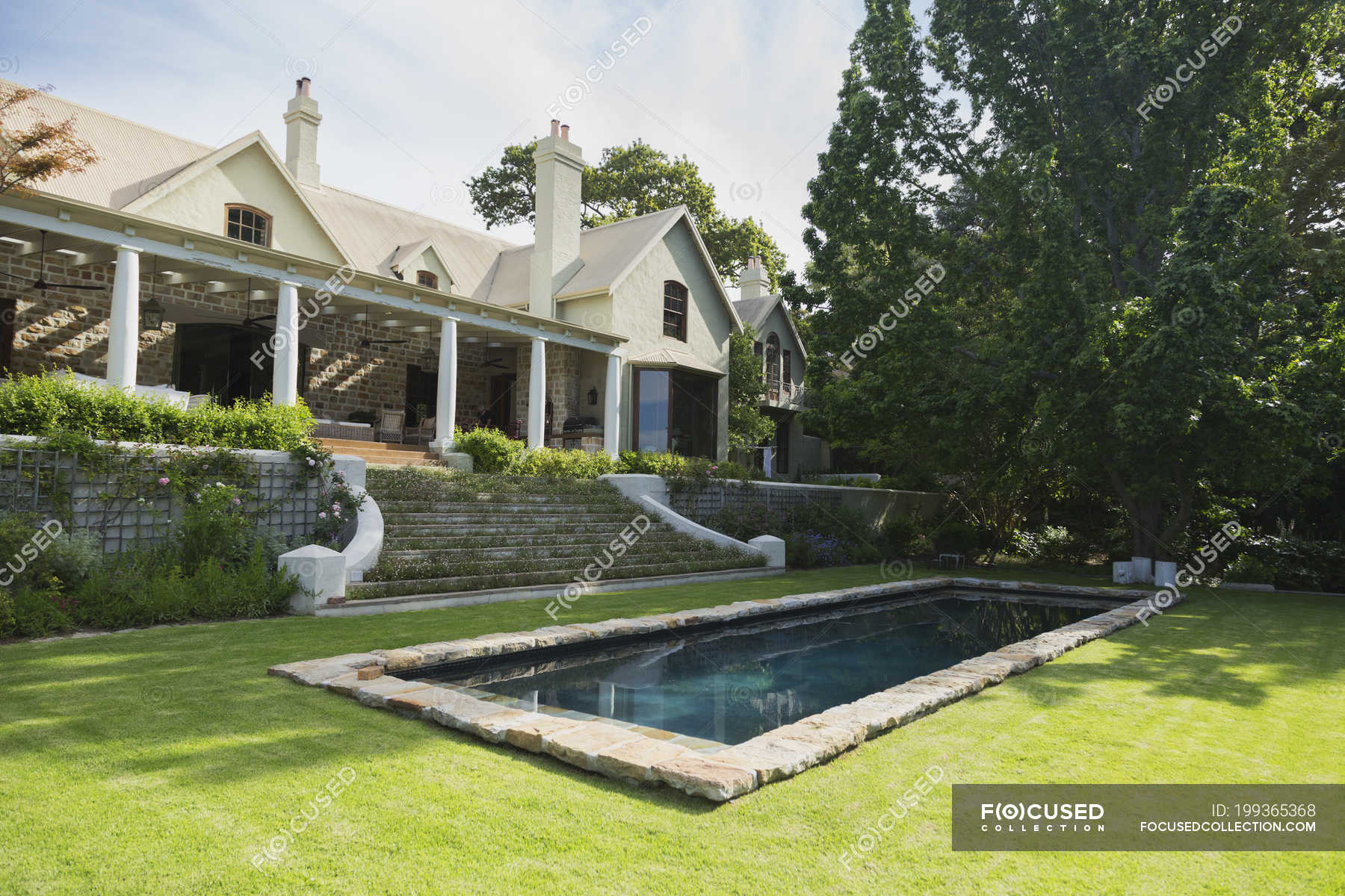 Pool under trees against luxury modern house — outdoor, estate Stock