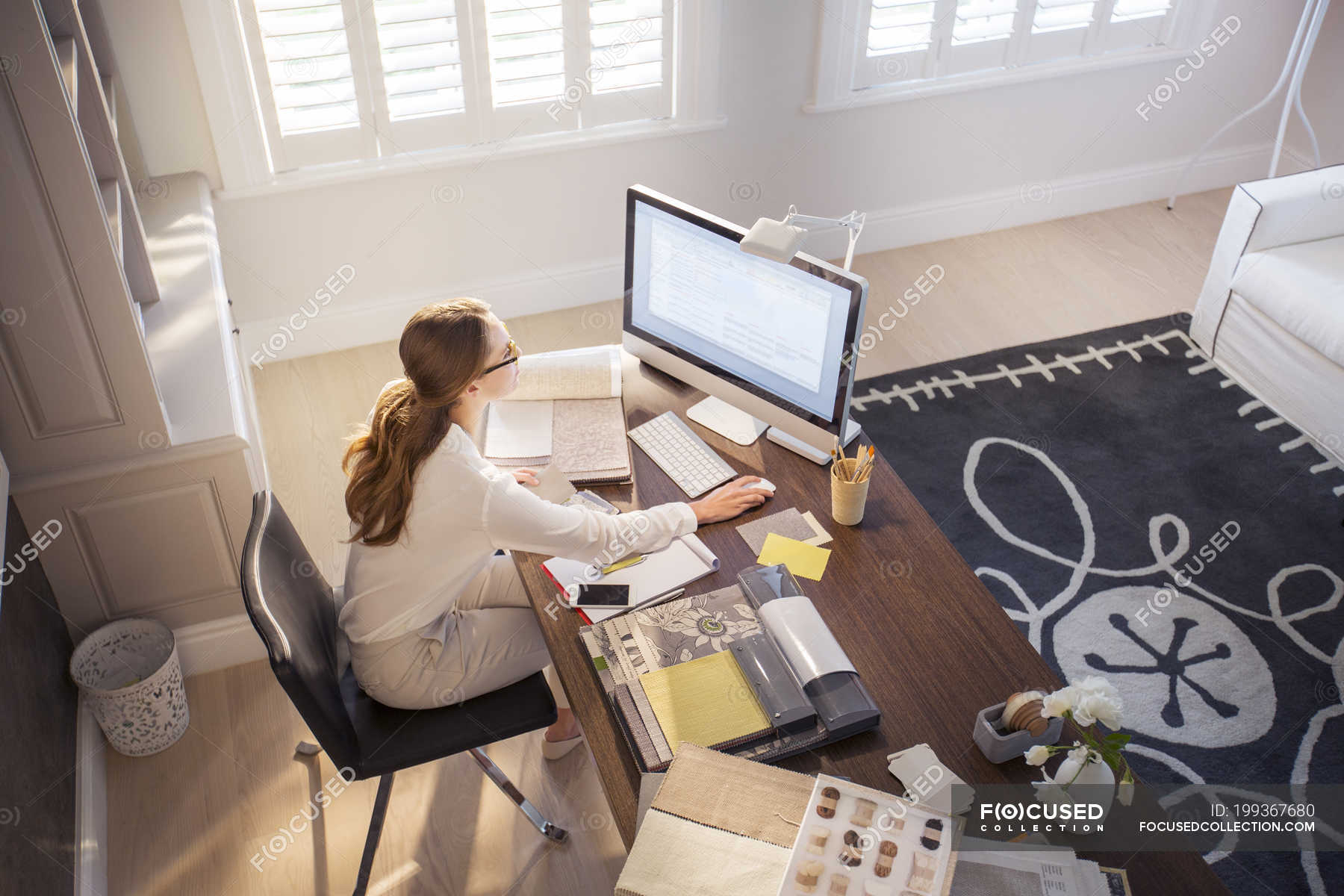 Interior Designer Working At Computer In Home Office Long Hair Occupation Stock Photo 199367680