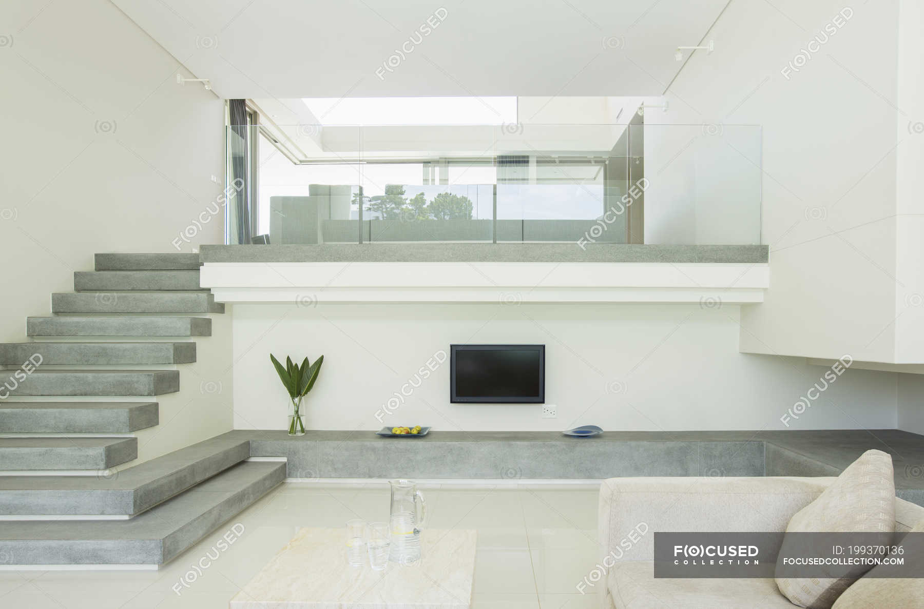 Modern living room with balcony — Color Image, loft - Stock Photo