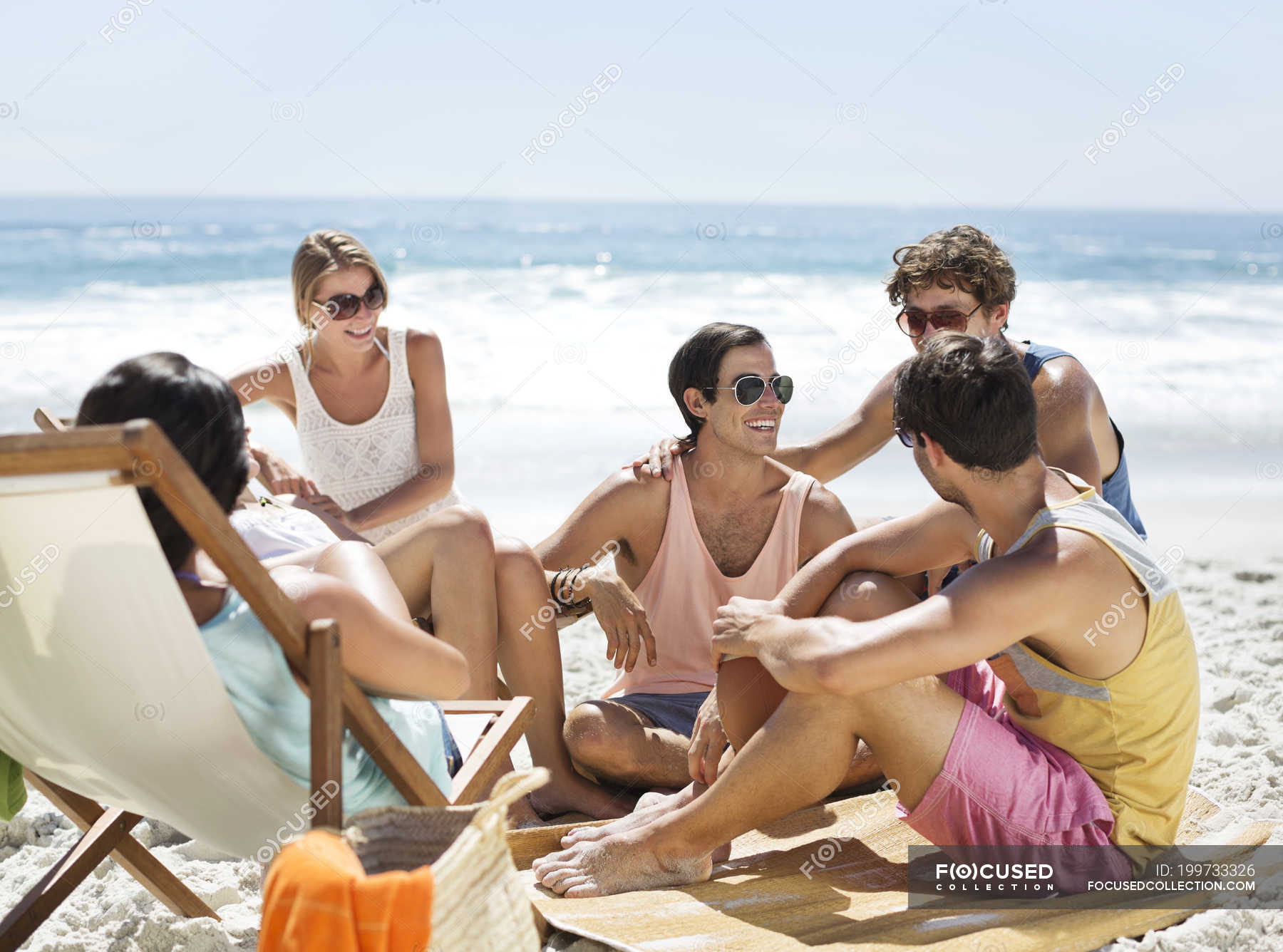Happy Caucasian Friends Hanging Out On Beach Horizontal Together Stock Photo 199733326