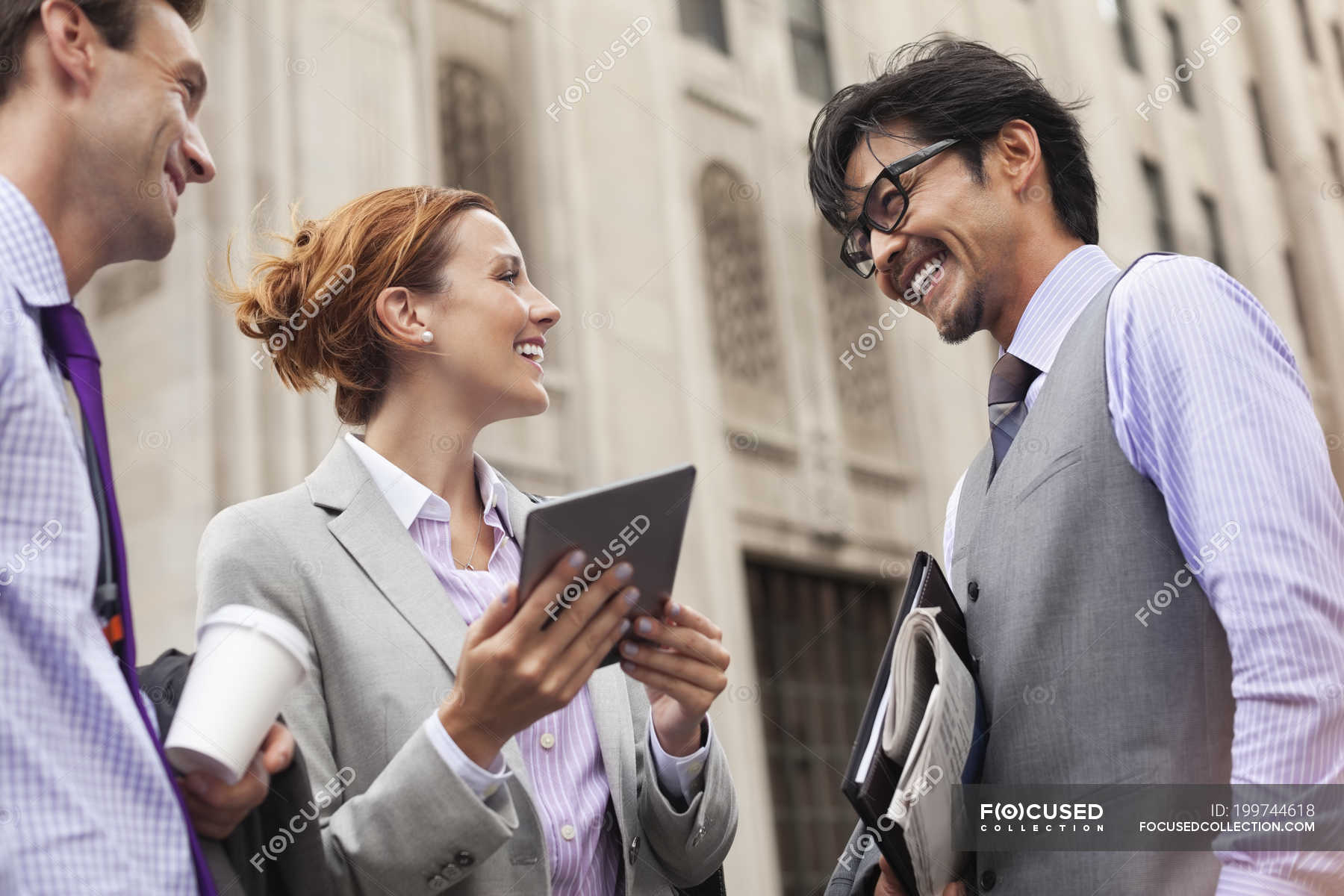 Business People Talking On City Street Three People Togetherness 