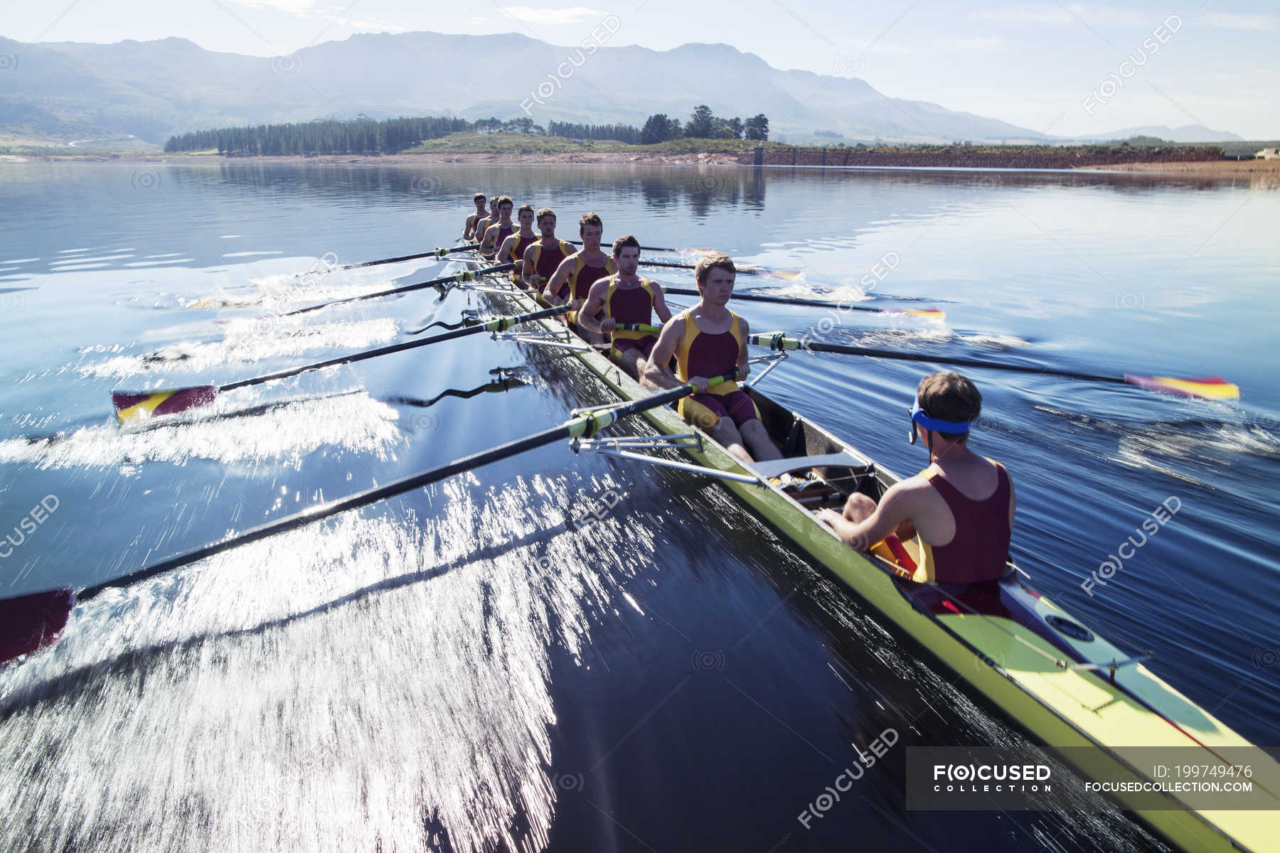 rowing-team-rowing-scull-on-lake-effort-sports-clothing-stock