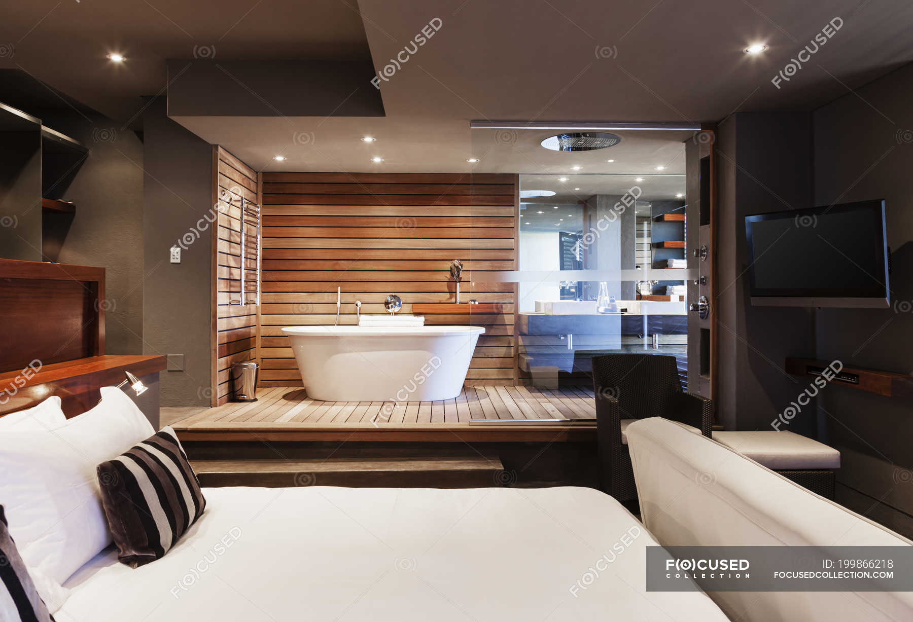 Bed And Bathtub In Modern Master Bedroom Property Residential Stock Photo 199866218