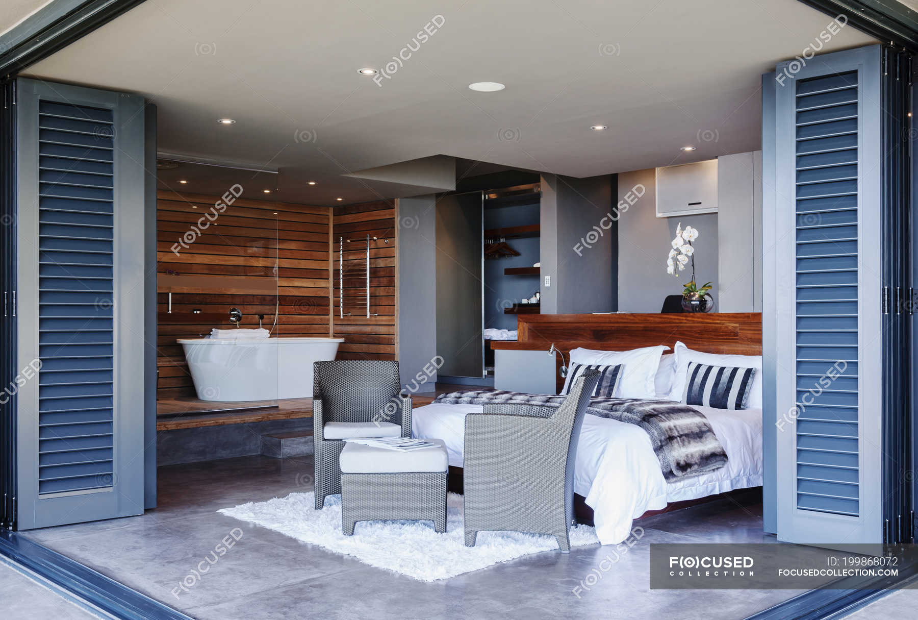 Patio Doors Open To Modern Bedroom Real Estate Domestic Life Patio Doors Open To Modern Bedroom Stock Photos