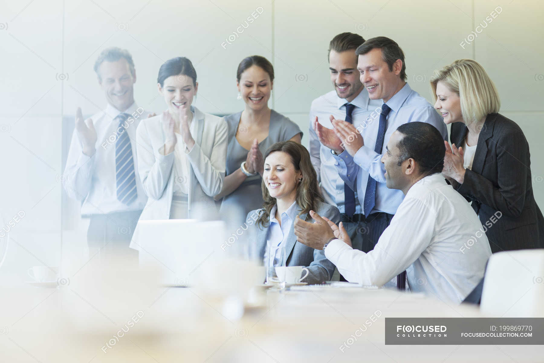 Business people cheering in meeting — executive, working together ...