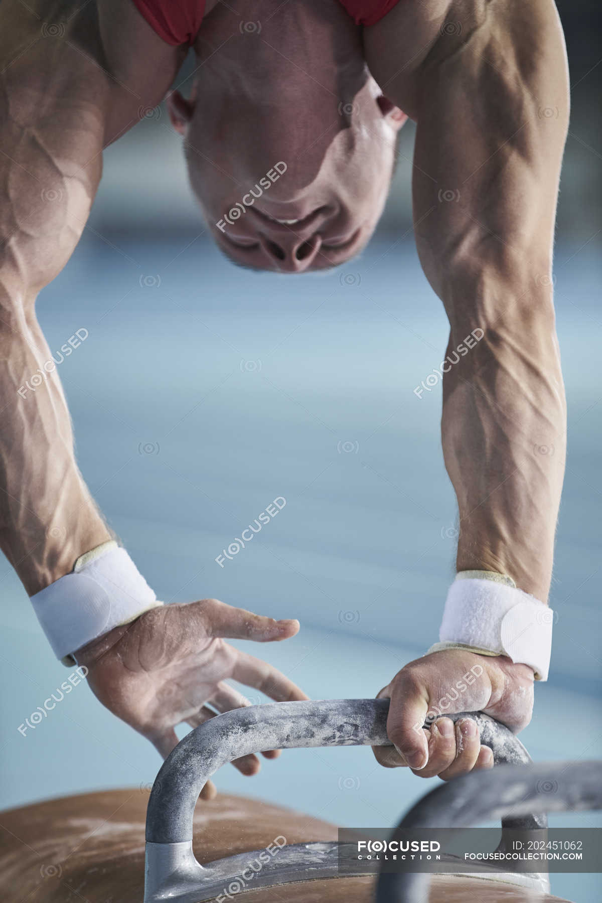 Male gymnast performing on pommel horse in arena — effort, one person