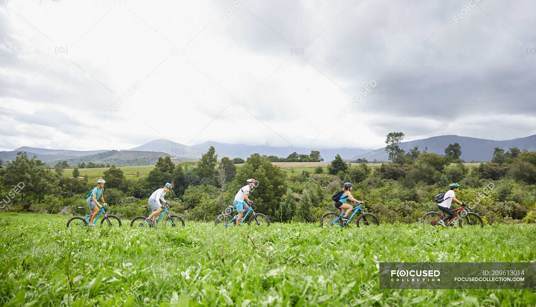 Friends mountain biking in idyllic, remote field — countryside ...