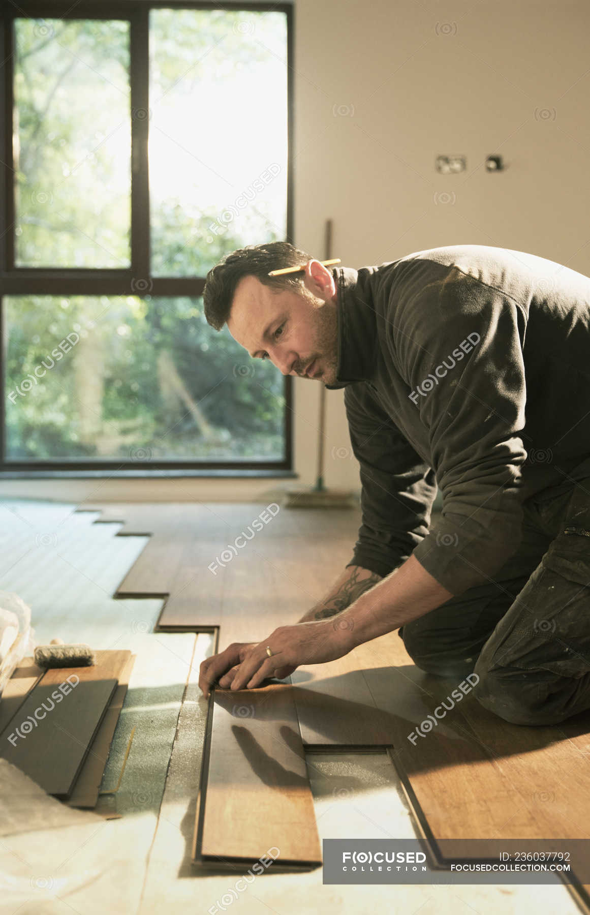 Focused Construction Worker Laying Hardwood Flooring In House