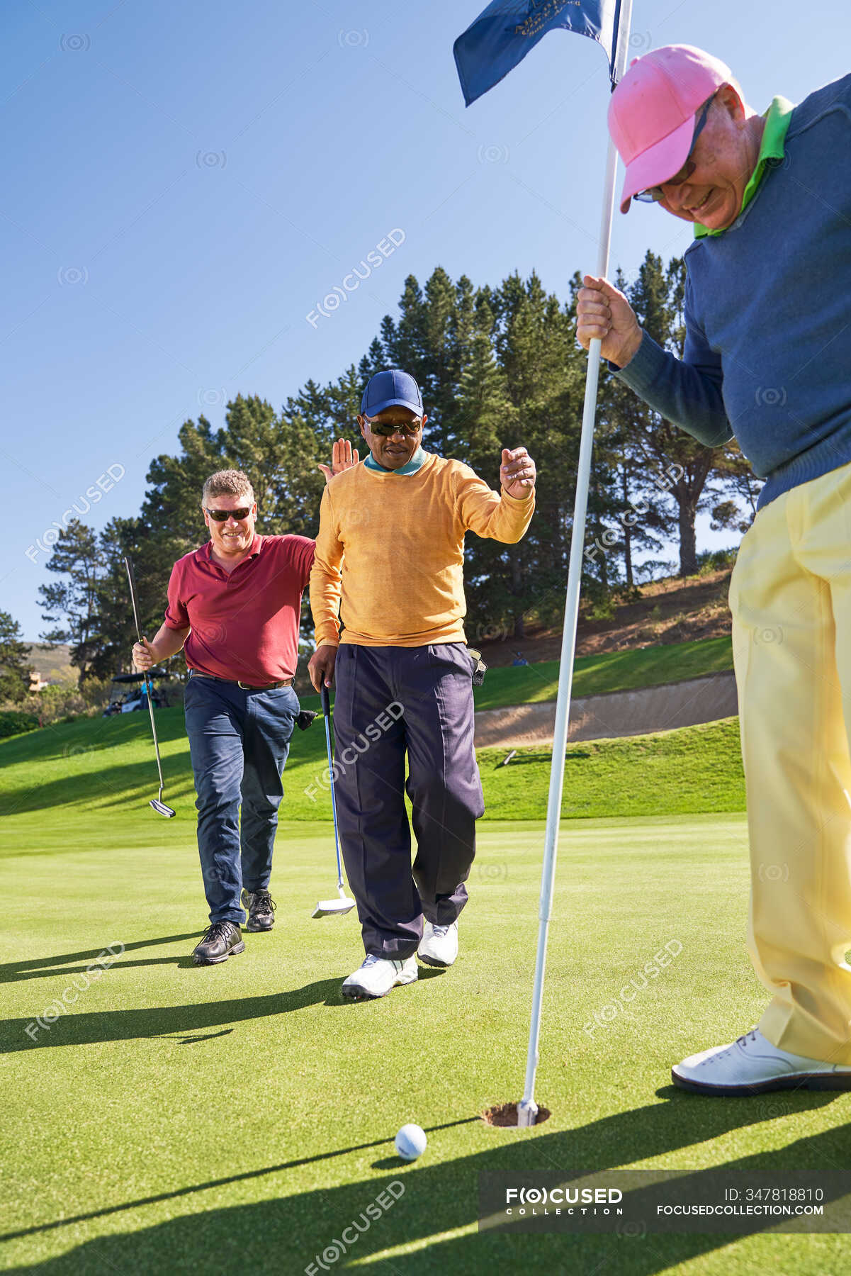 Male golfers at putting green hole — cheering, outdoors - Stock Photo ...