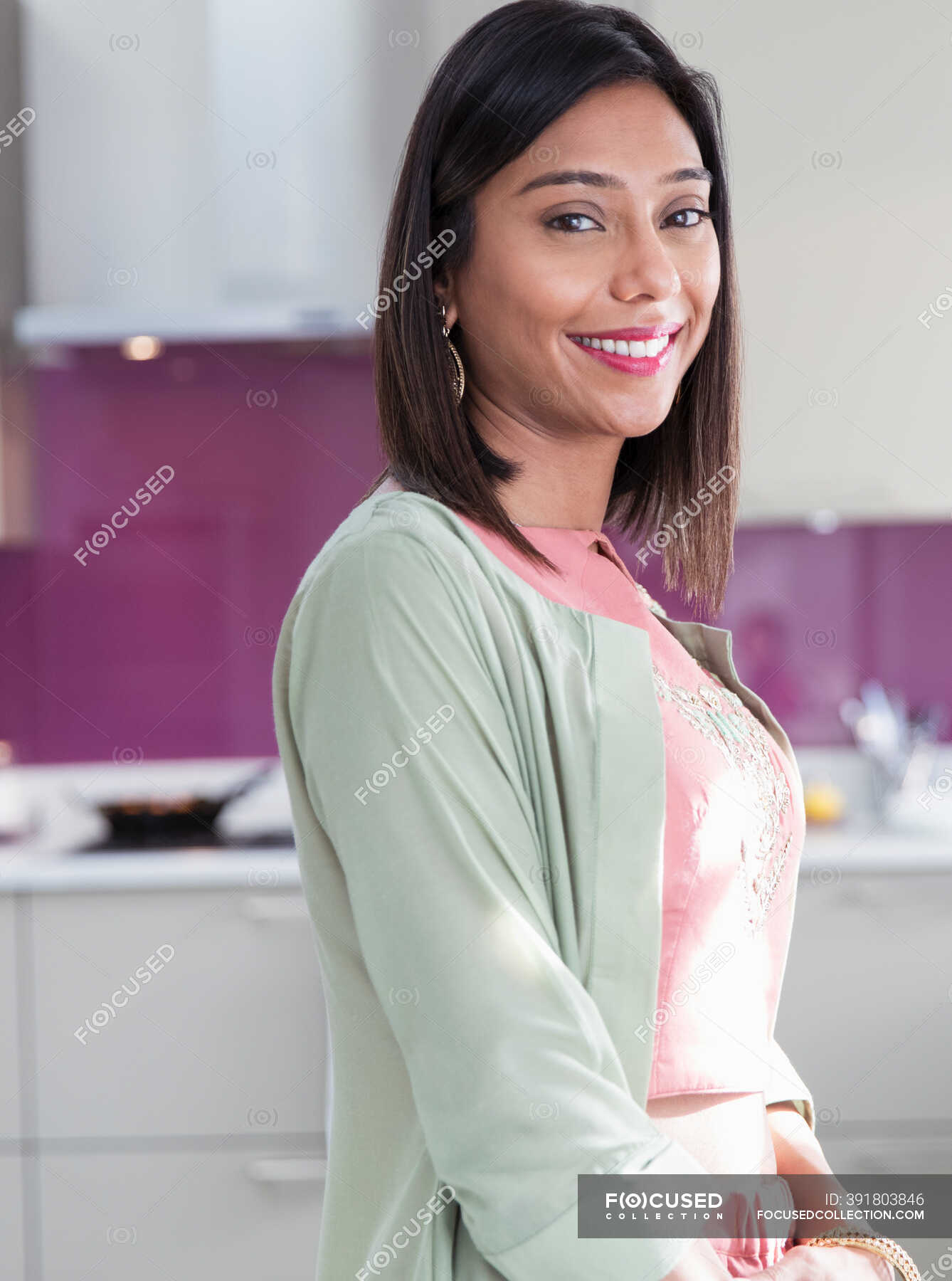 Portrait happy woman in kitchen — stand, smile - Stock Photo | #391803846