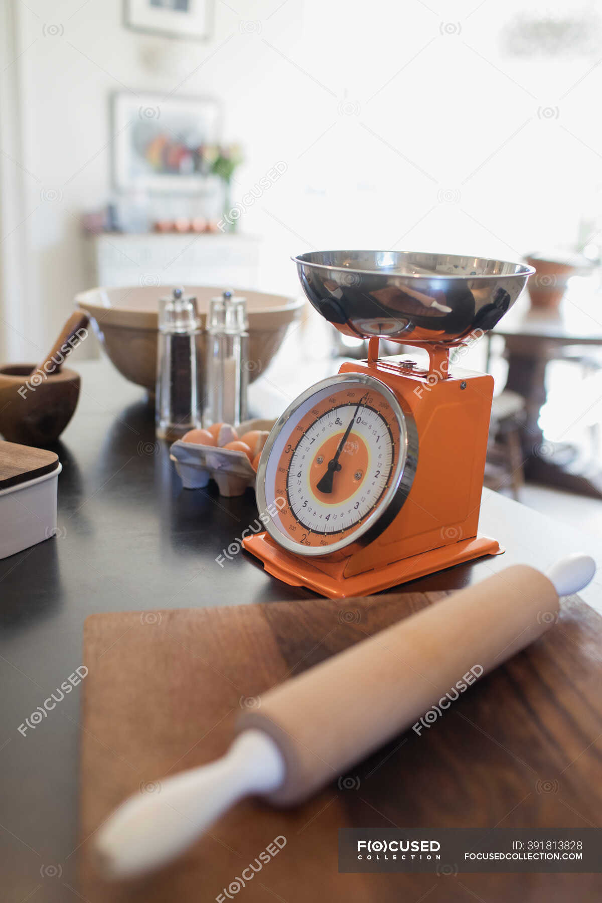 Baking scale and equipment on kitchen counter — indoors, cook - Stock ...