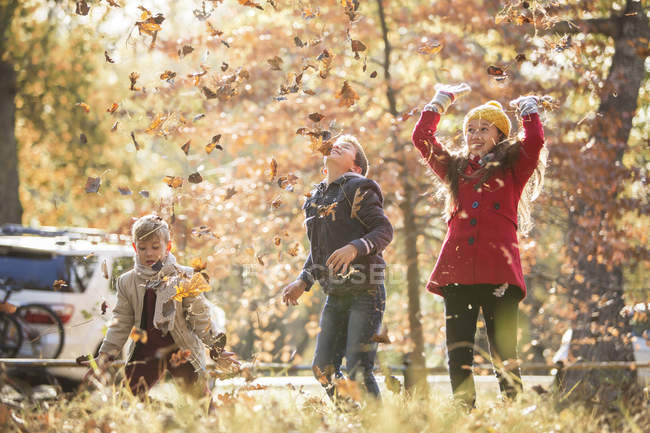 Niños y niñas lanzando hojas de otoño por encima - foto de stock