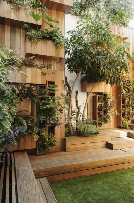 Trees and plants growing along wooden courtyard — Stock Photo