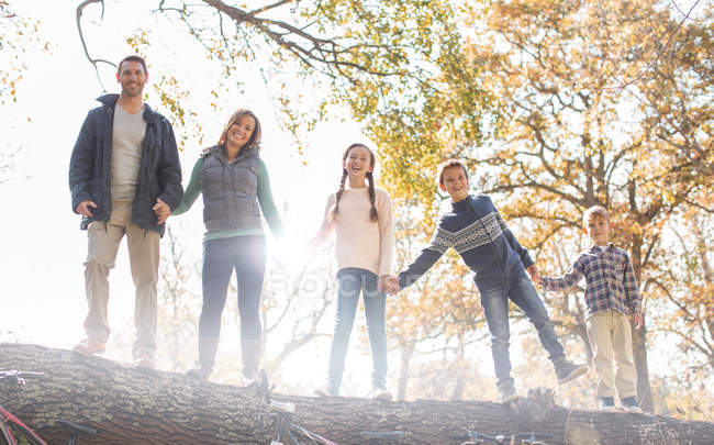 Retrato família sorrindo de mãos dadas em tronco caído em uma fileira — Fotografia de Stock