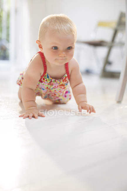 Bebé niña arrastrándose en el suelo - foto de stock
