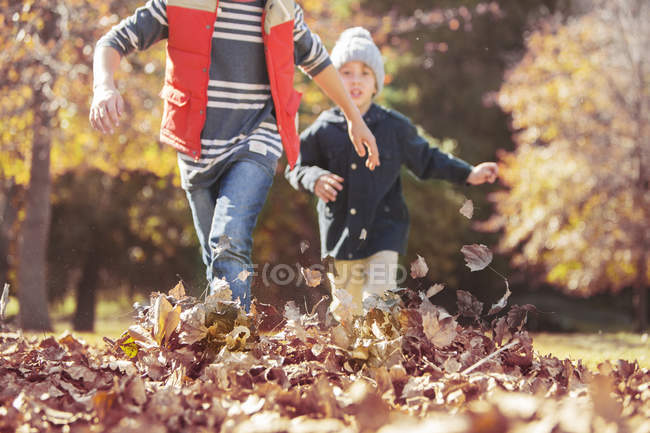 Vue panoramique des garçons courant dans les feuilles d'automne — Photo de stock
