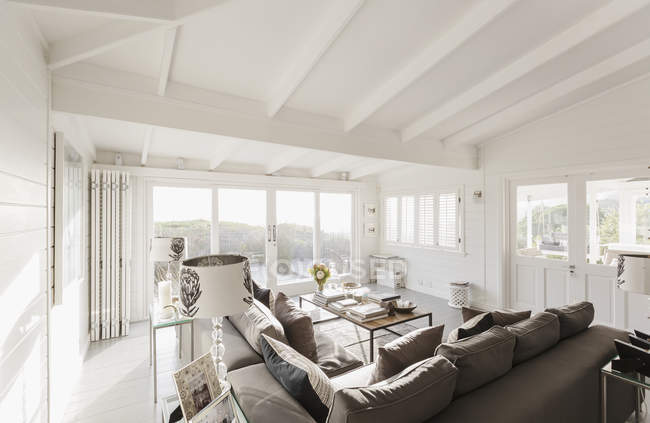 Sunny luxo casa vitrine sala de estar com feixe de madeira branca abobadado teto — Fotografia de Stock