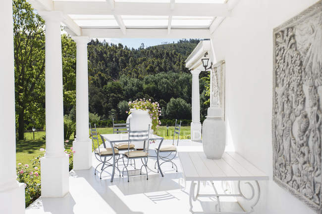Terrasse de luxe avec table et chaises contre les arbres — Photo de stock