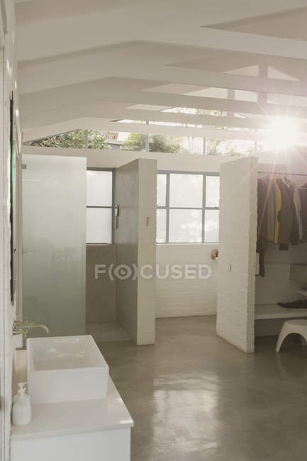 Vitrine de maison moderne blanche ensoleillée salle de bain intérieure et placard avec plafonds voûtés — Photo de stock