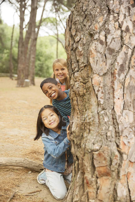 Children peeking out from behind tree in forest — Stock Photo