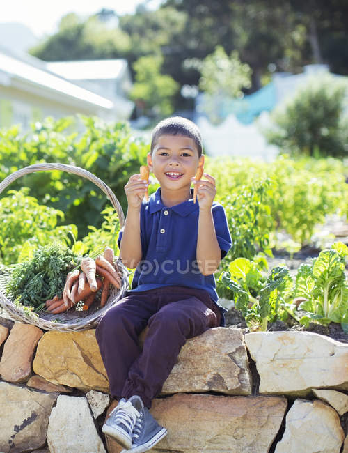 Мальчик с корзиной продуктов в саду — стоковое фото